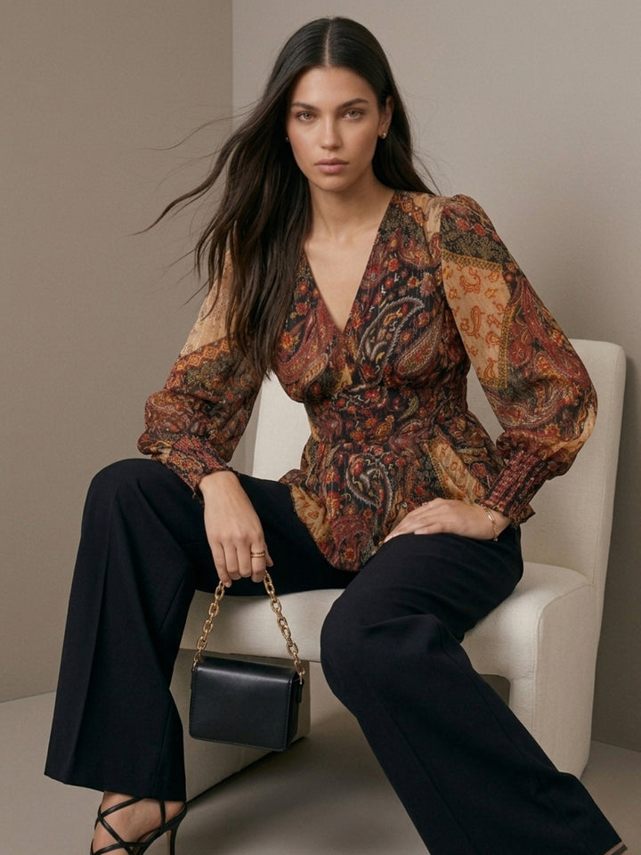 Brown Long Balloon Sleeves Peplum Top In Lurex Fabric