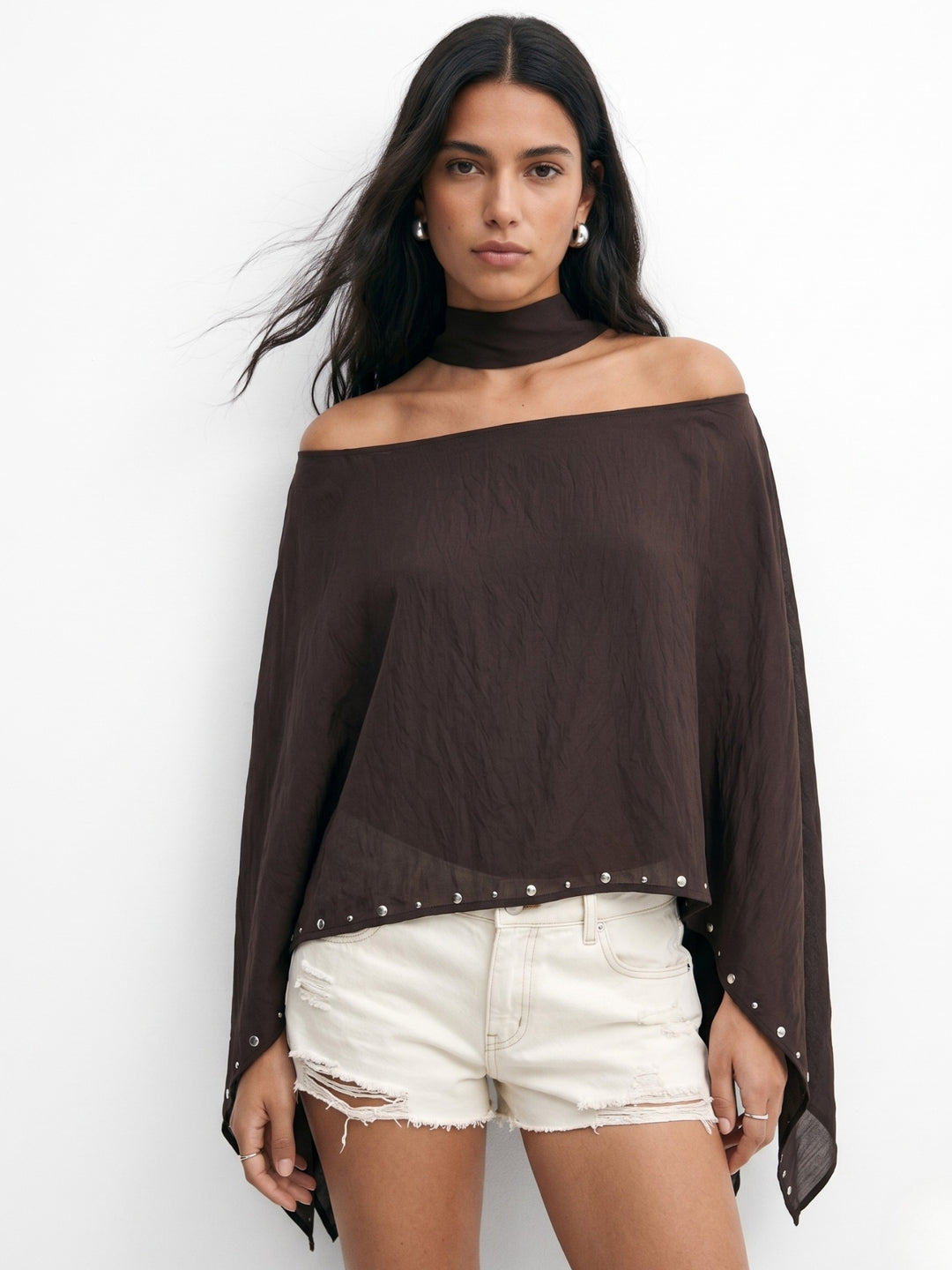 Brown Cape Sleeves Neck Wrap Studded Top