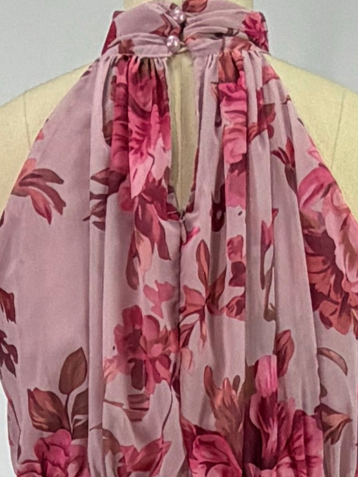Pink Halter Neck Printed Dress With Cinched Waist