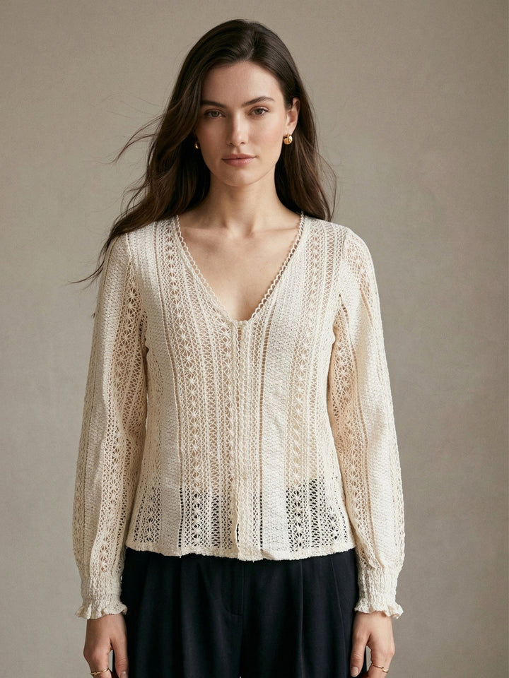 Cream Bishop Sleeve V Neck Textured Top