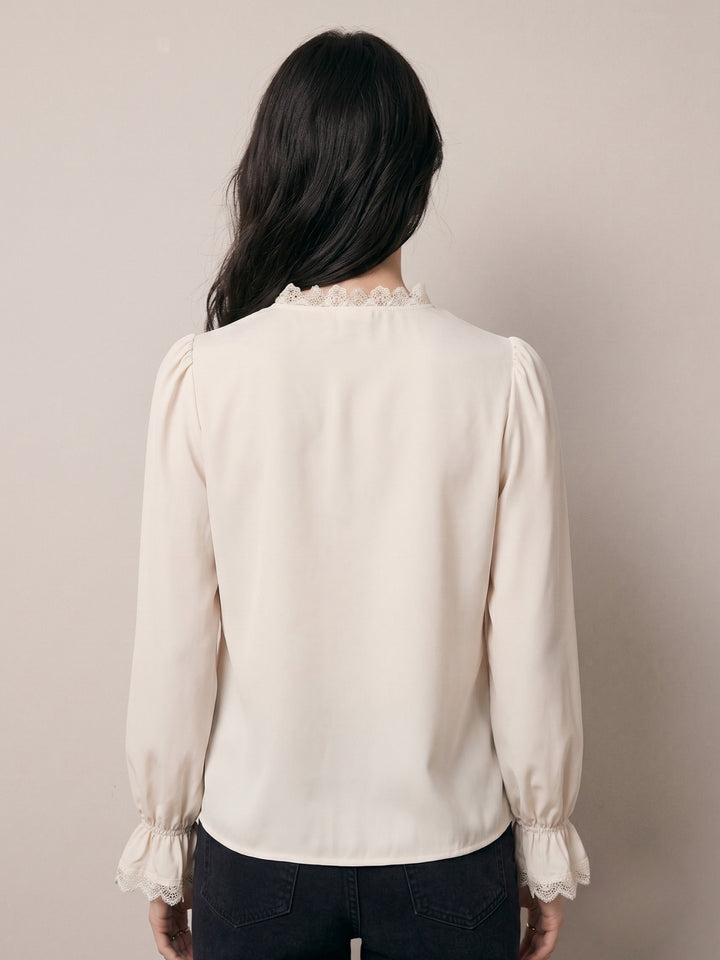 Off White Button Down Blouson Top With Lace Inserst