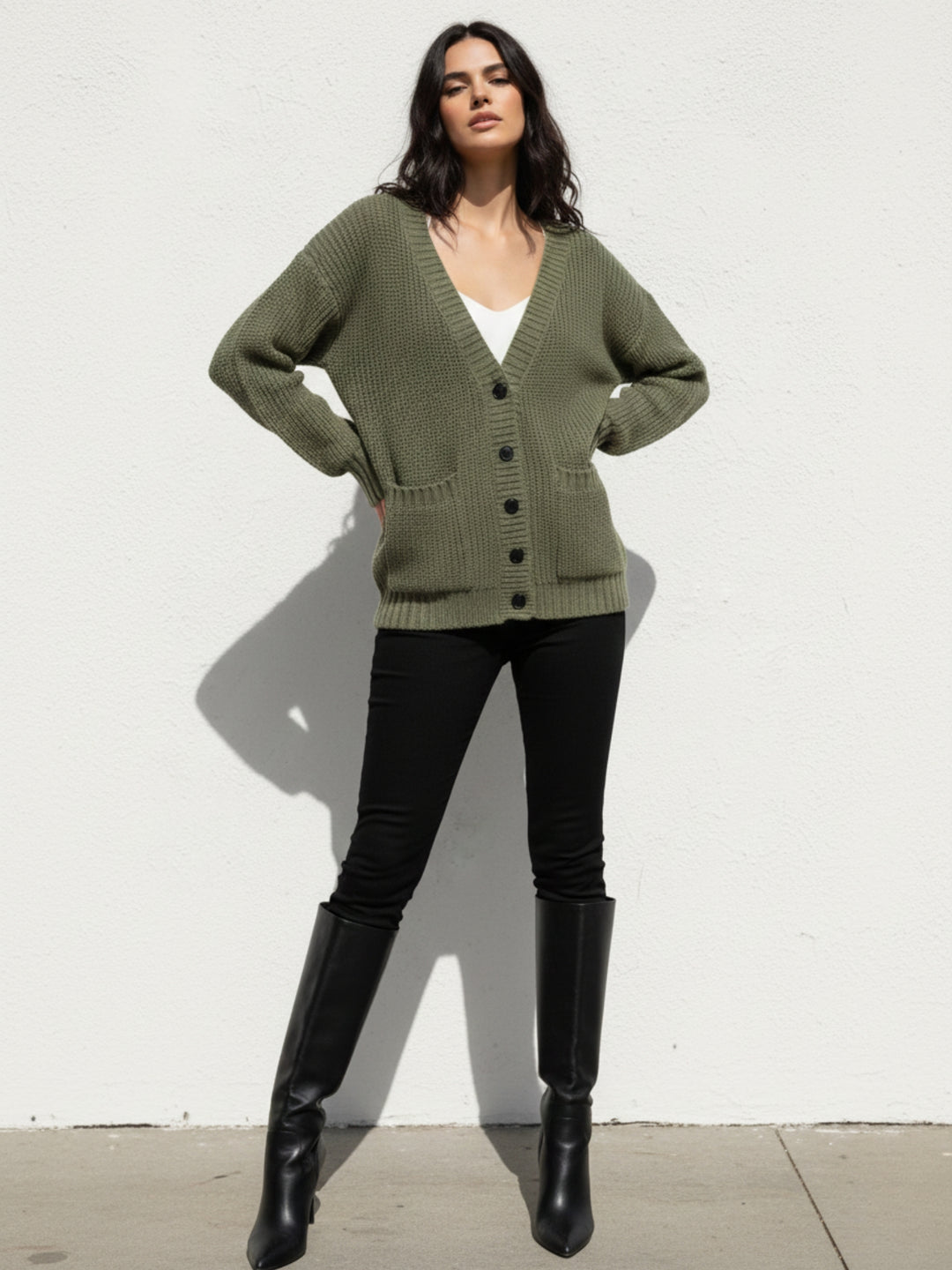 Olive Full Sleeve Double Pockets Slouchy Cardigans