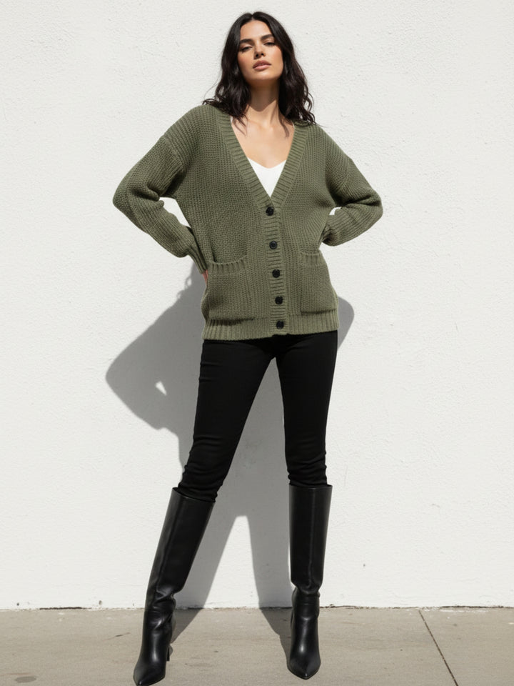 Olive Full Sleeve Double Pockets Slouchy Cardigans