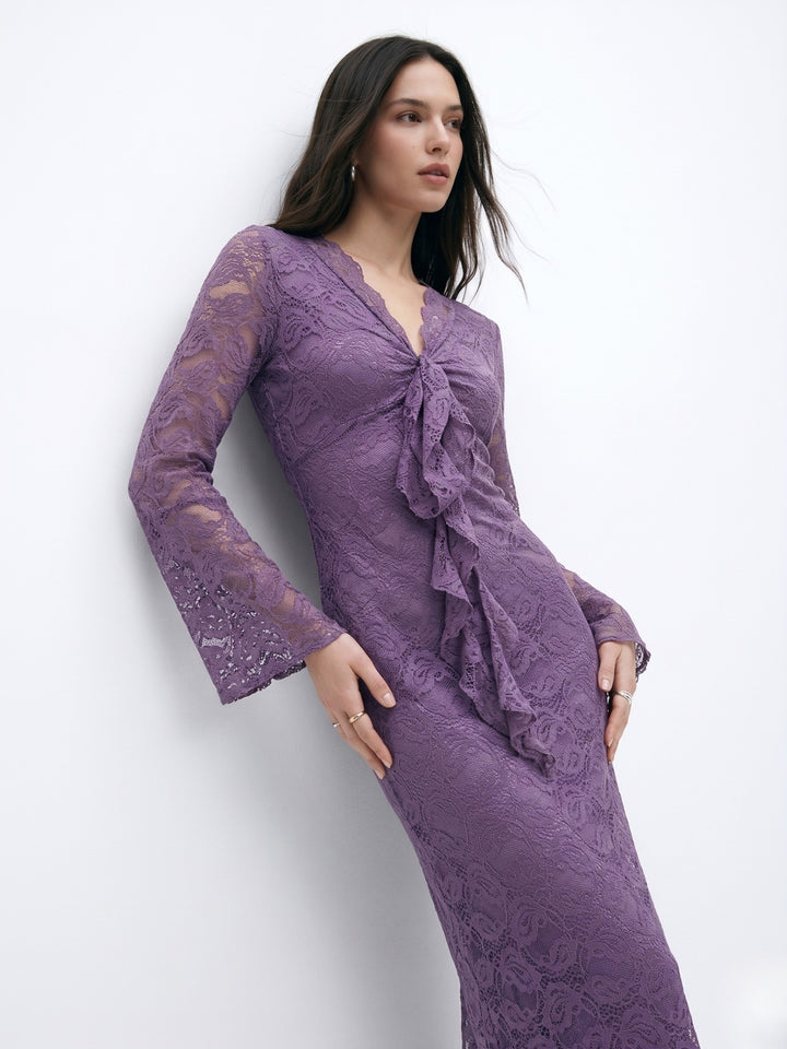 Purple Bell Sleeve Front Ruffle Lace Dress