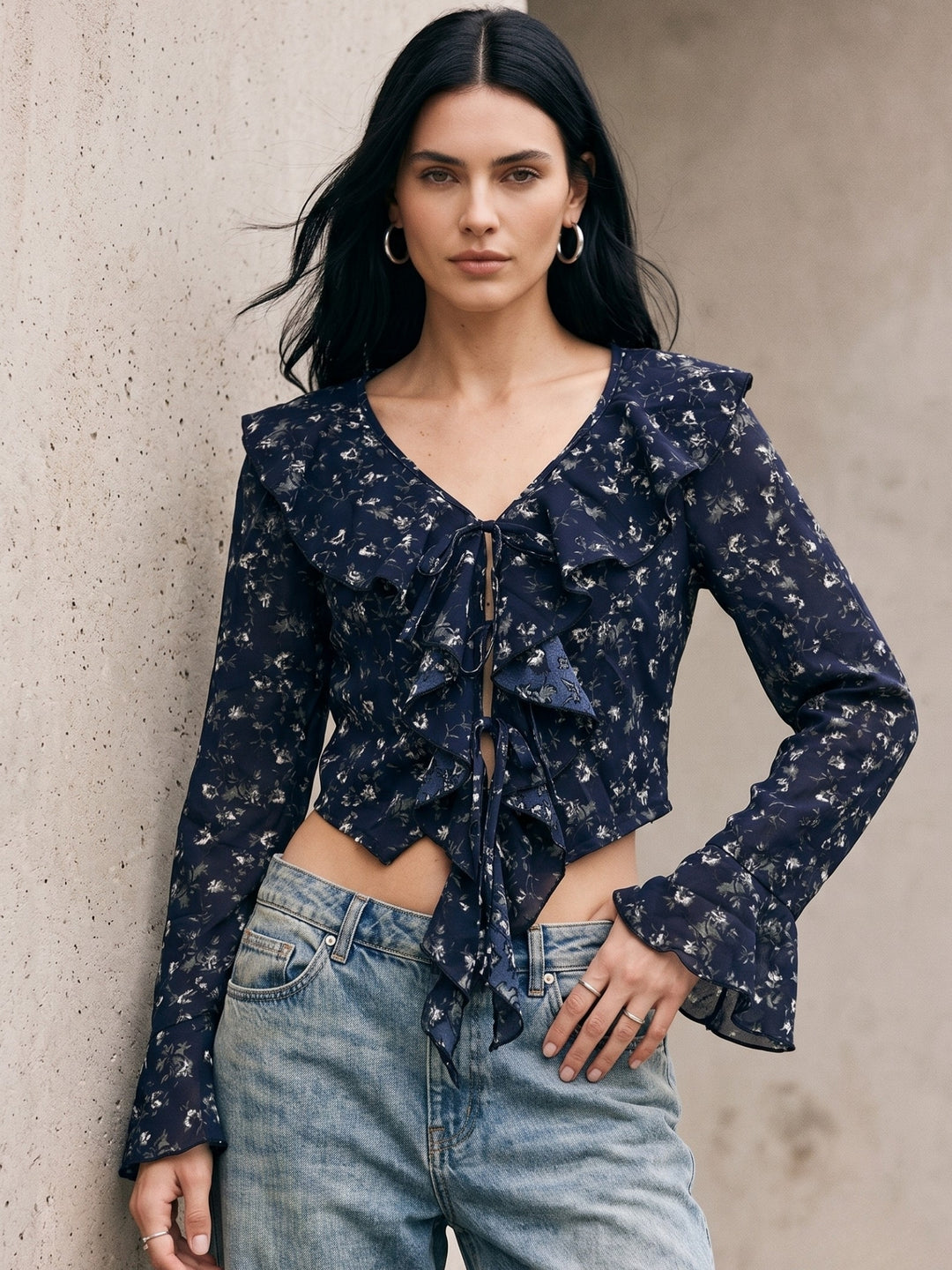 Navy Blue Printed Ruffled Neck Blouse
