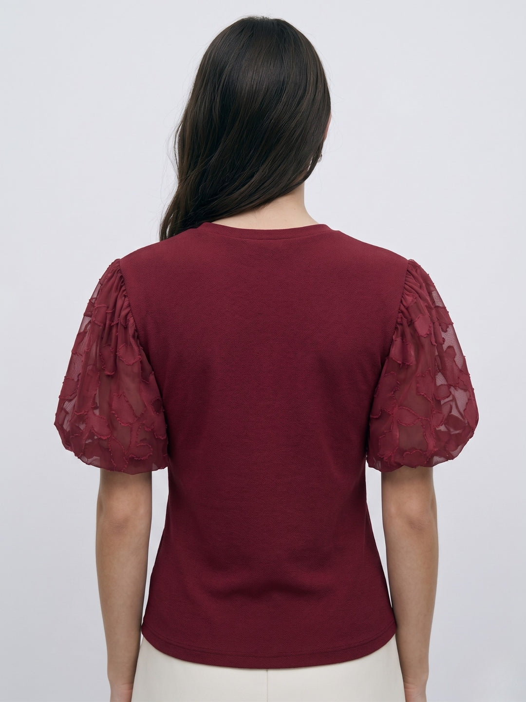 Maroon Puff Textured Sleeved Top