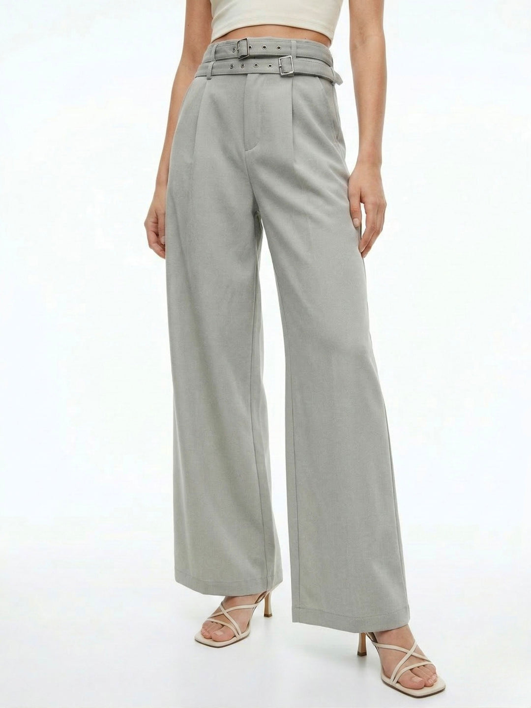 Grey Wide-Leg High-Waist Trousers With Dual Belt Details