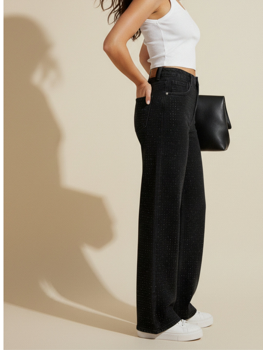 Black All Over Studded Wide Leg Denim