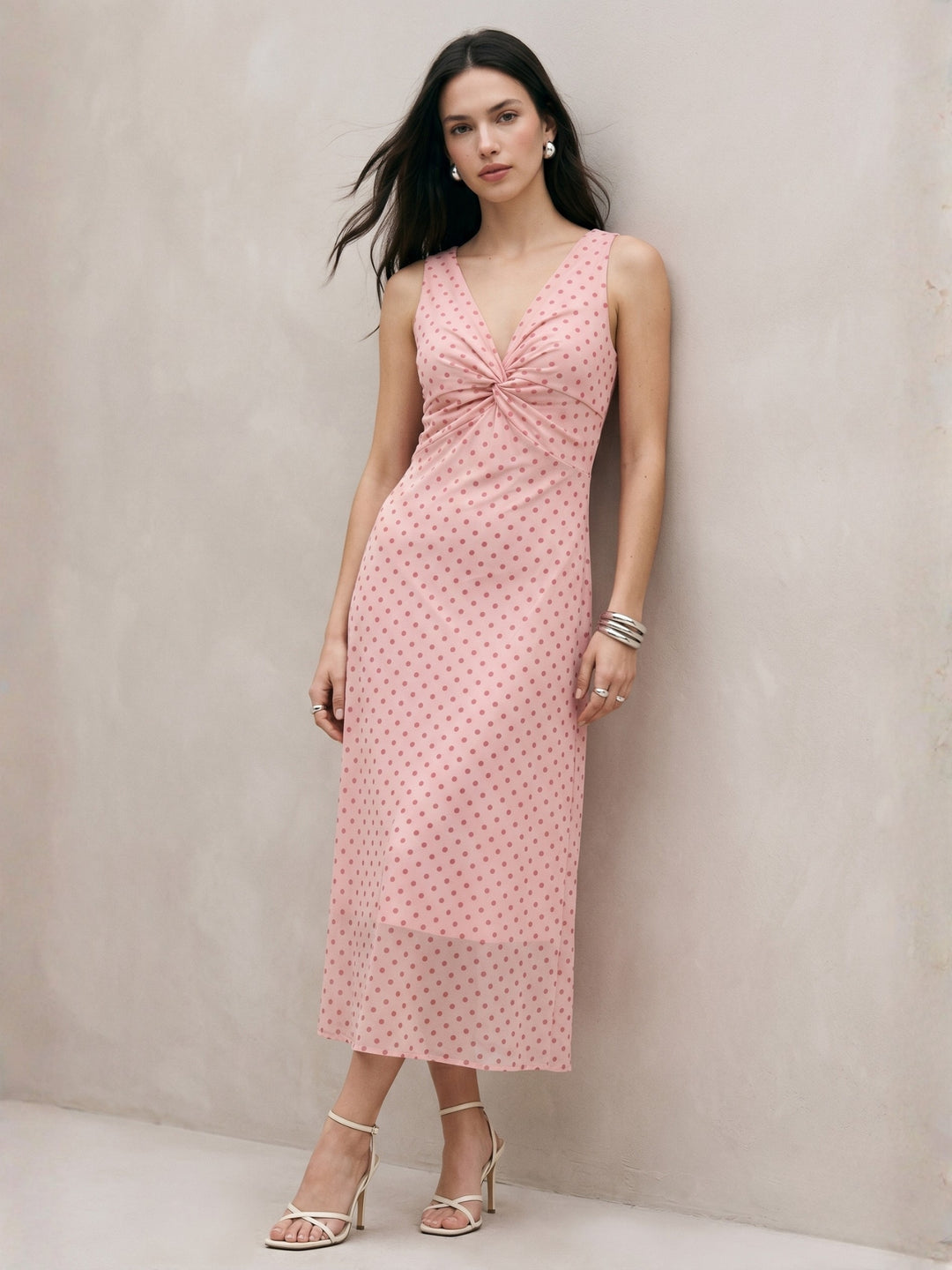 Pink Front Twisted Mesh Polka Printed Dress