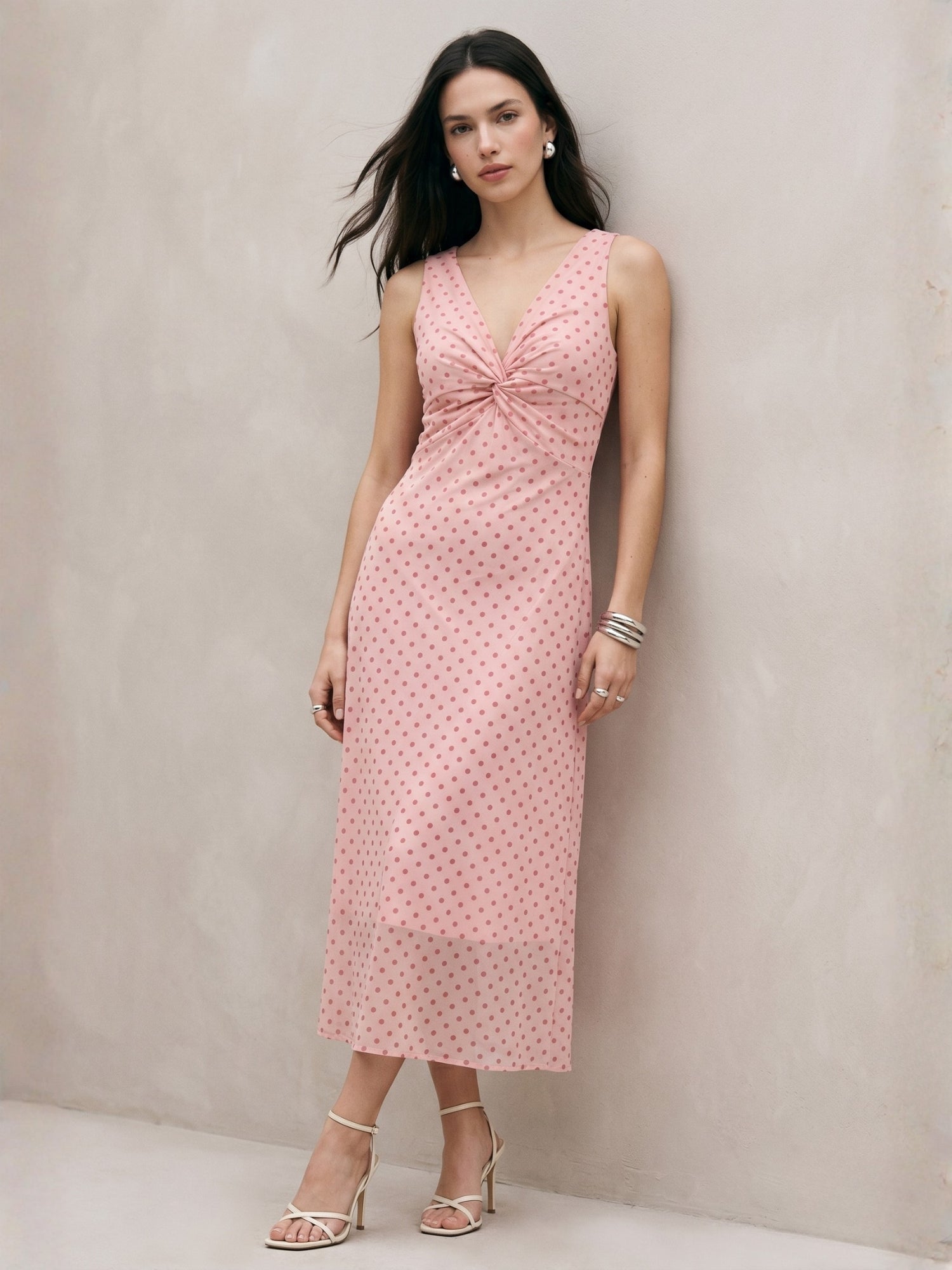 Pink Front Twisted Mesh Polka Printed Dress