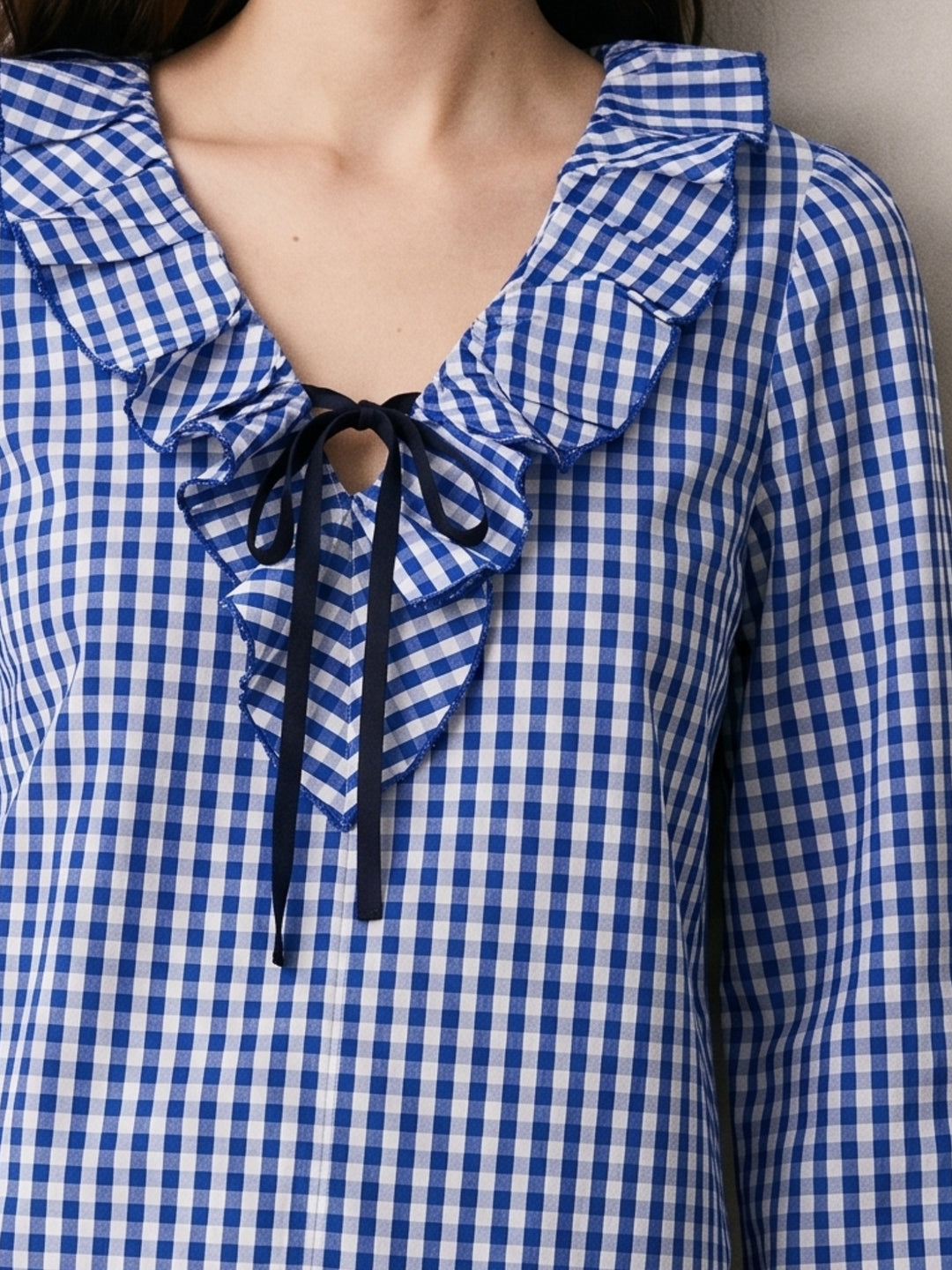 Blue Ruffle Neckline Checkered Top