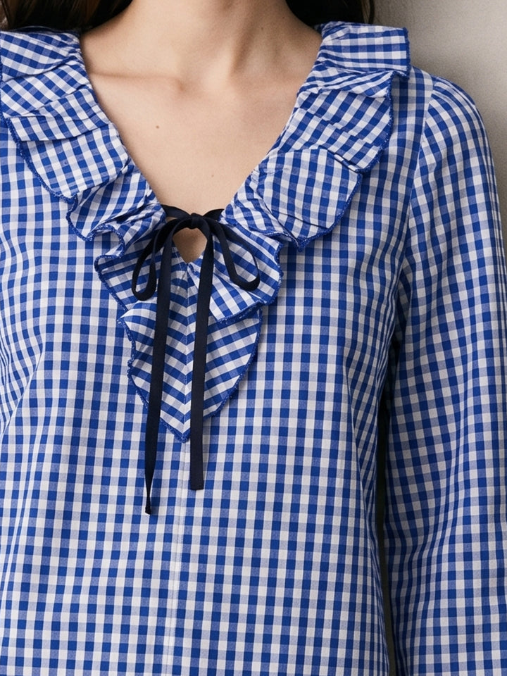 Blue Ruffle Neckline Checkered Top