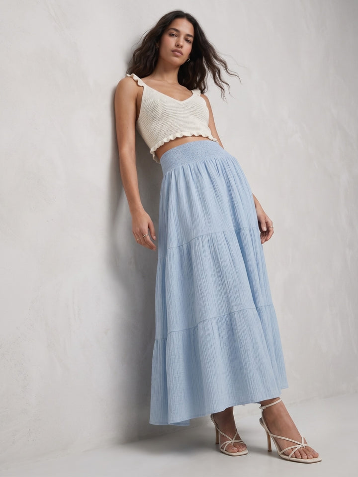 Blue High Waist Tiered Skirt