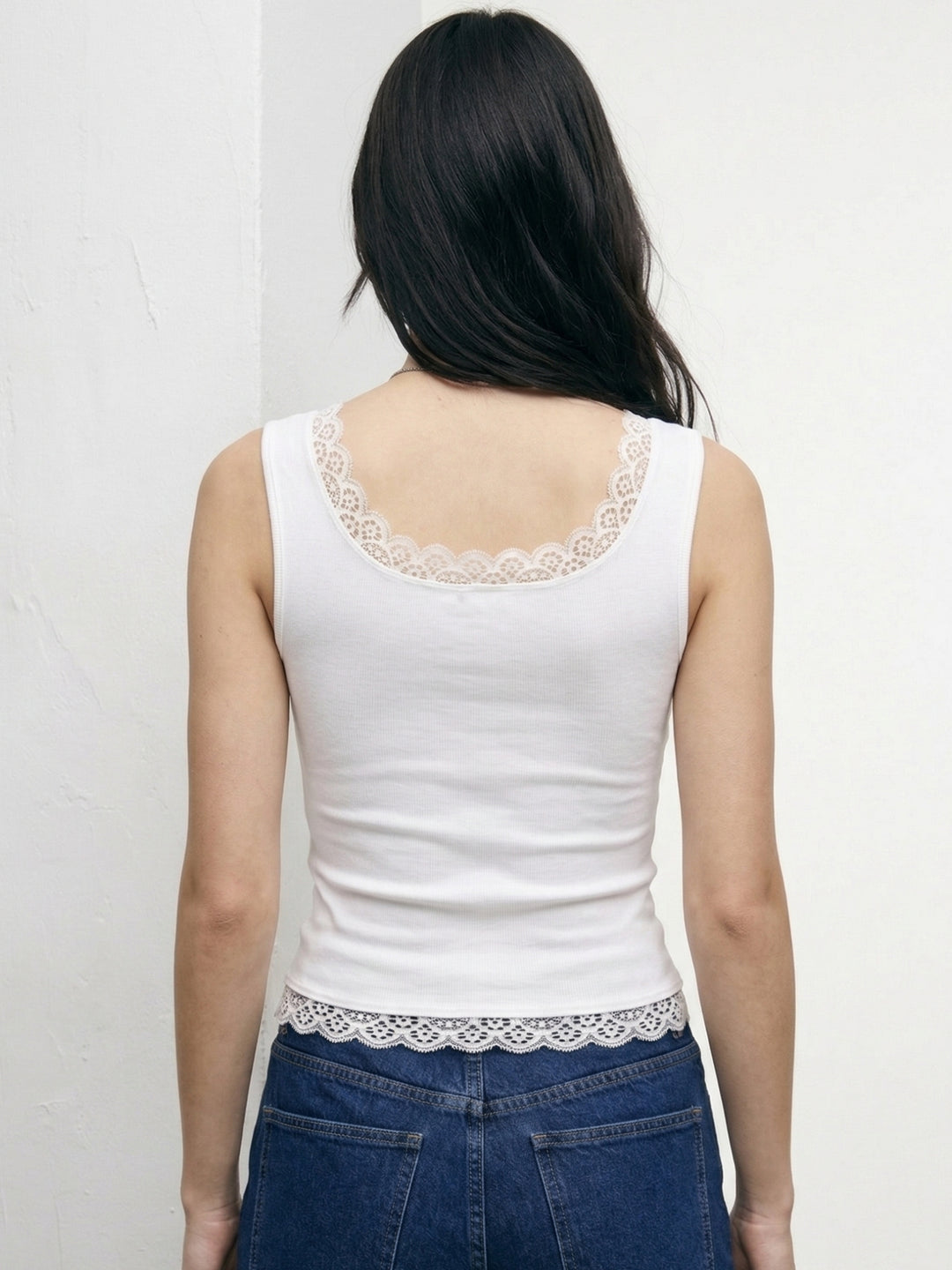White Ribbed Twofer Tank With Lace Inserts