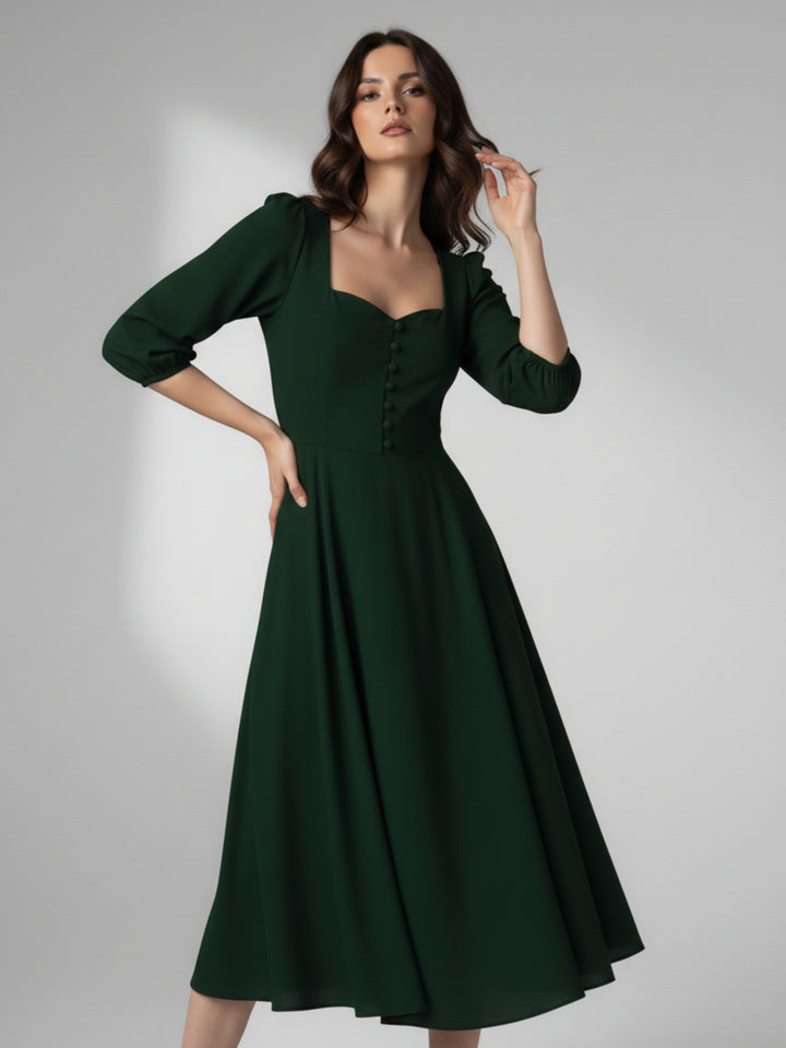 Green Bishop Sleeeve Sweetheart Neck Dress