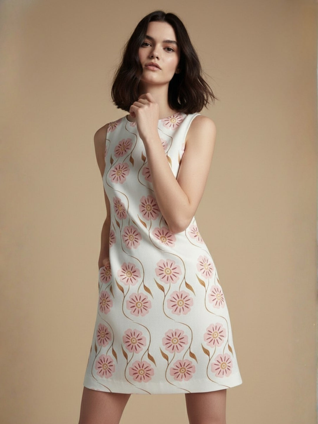 Beige Floral Printed Short Dress