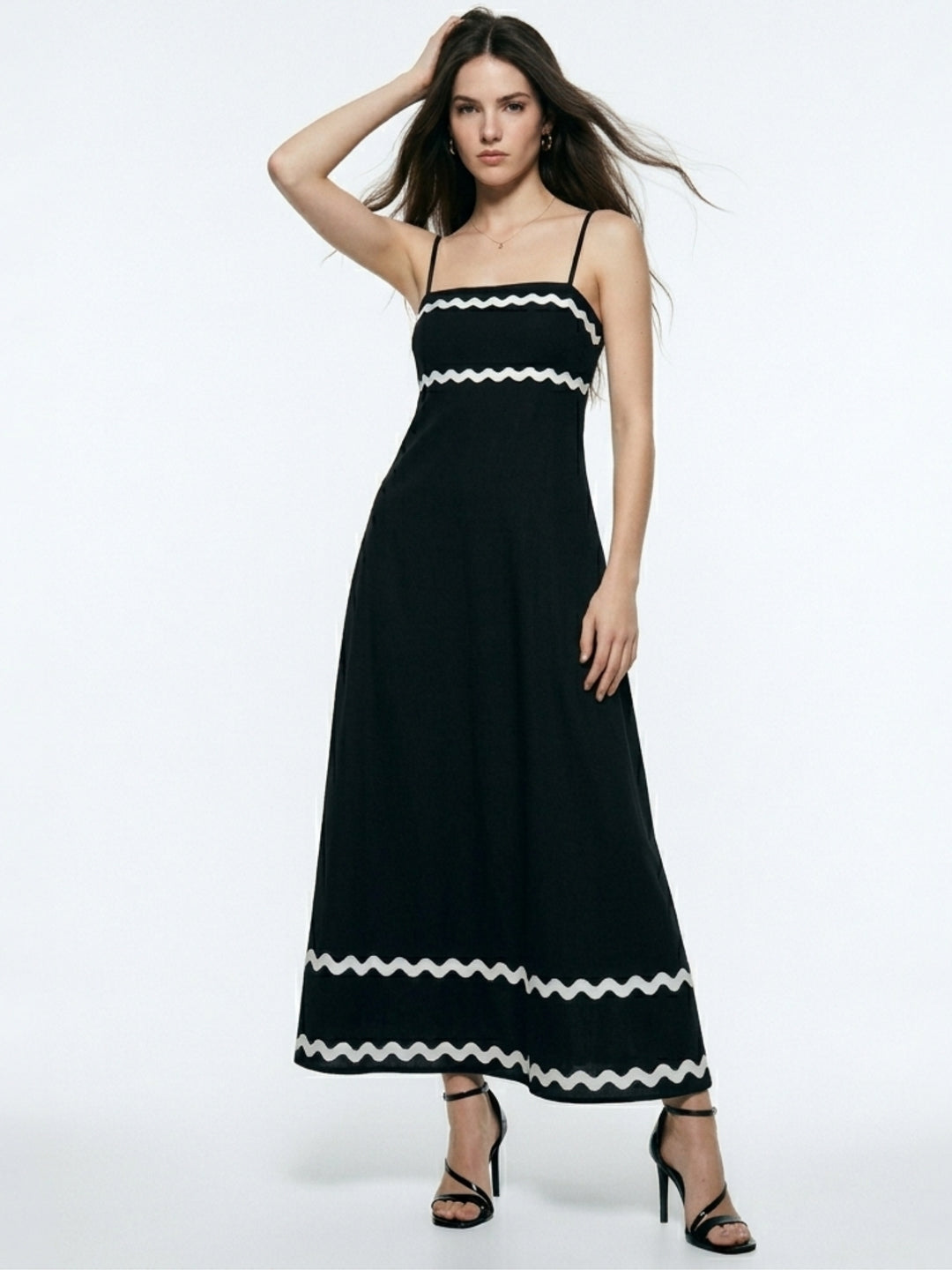 Black Noodle Strap Contrast Patterned Dress