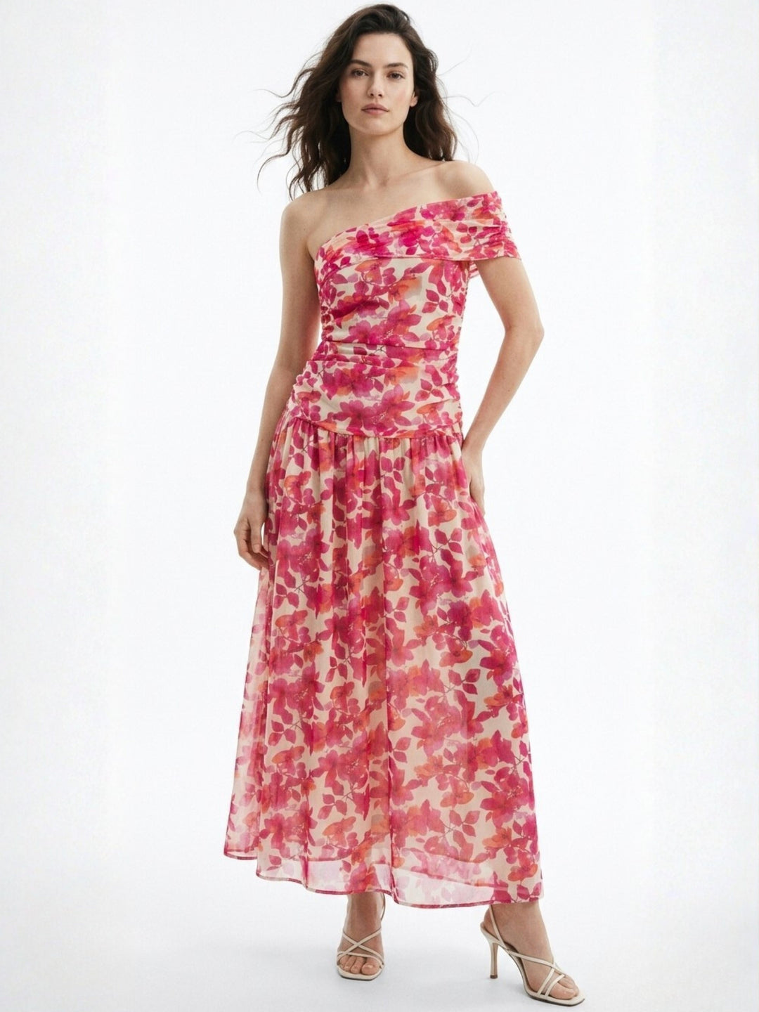 Pink Romantic Floral Print Bardot Dress With Delicate Ruffle Trim Detail