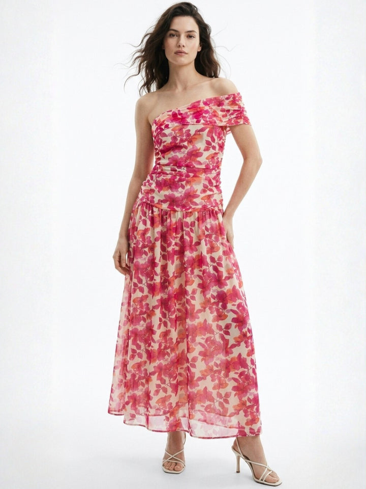 Pink Romantic Floral Print Bardot Dress With Delicate Ruffle Trim Detail