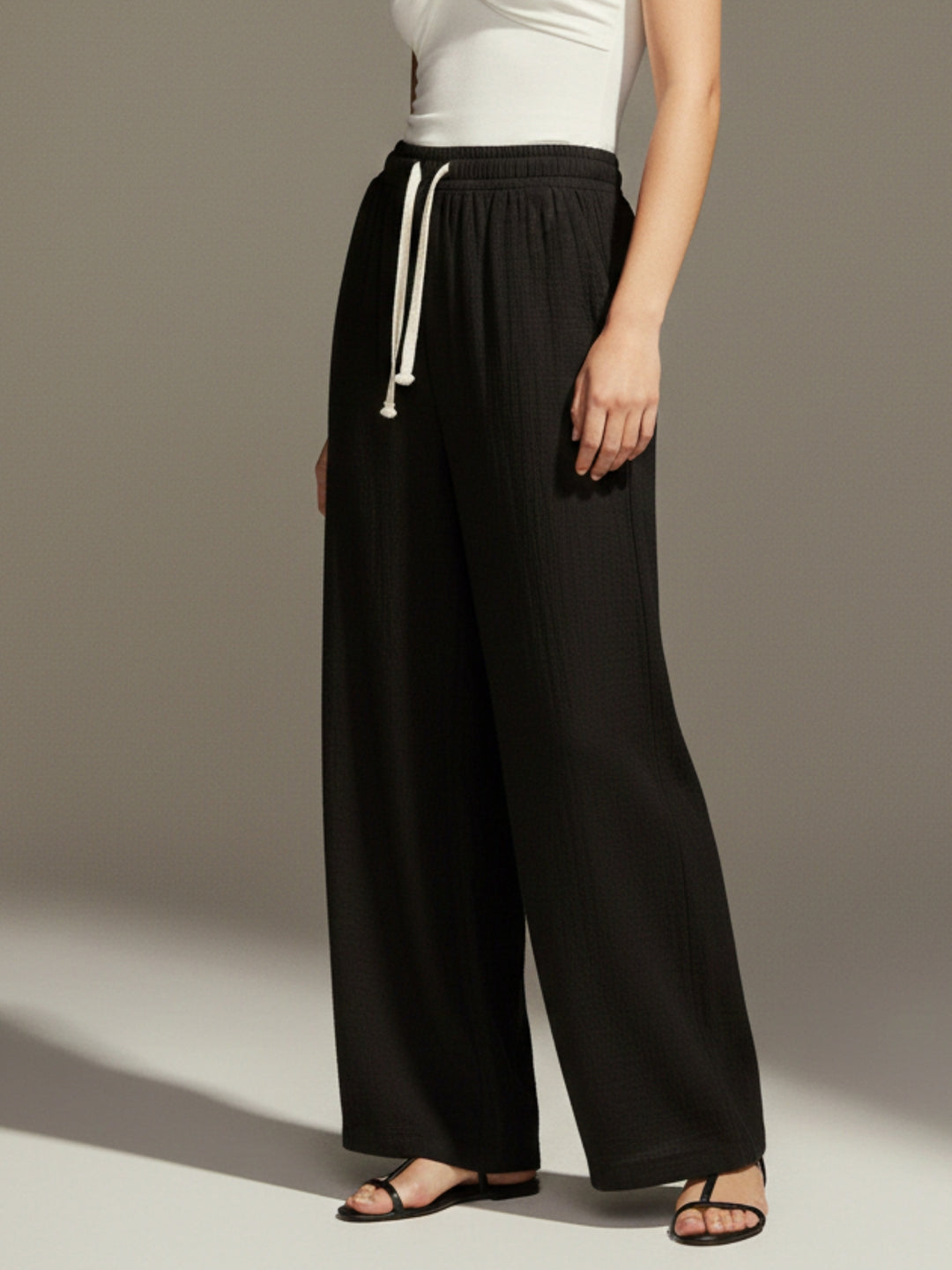 Black High Waist Drawstring Attached Pleated Pant
