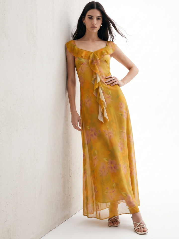 Mustard Plunge Neck Printed Ruffled Dress