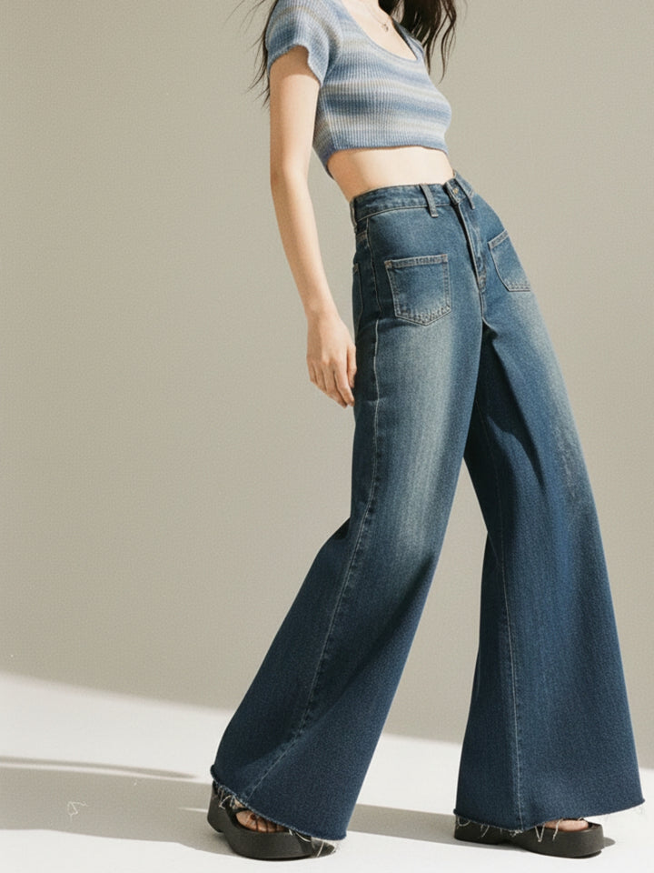 Blue Wide Leg Rought Hem Jeans