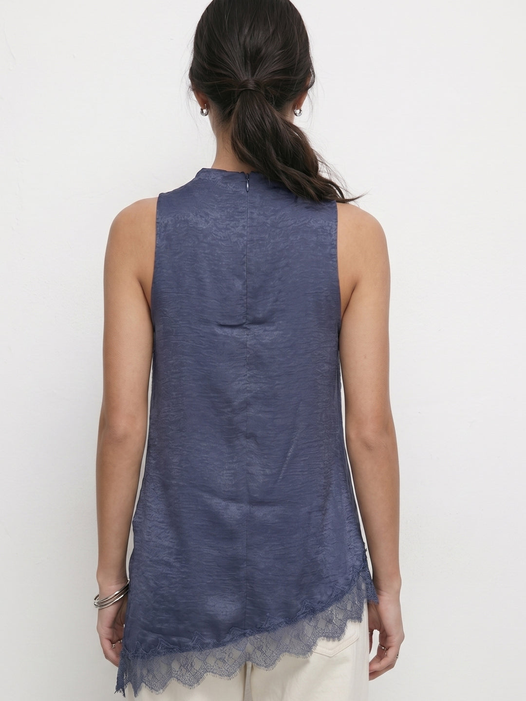 Navy Blue Mock Neck Lace Hem Top