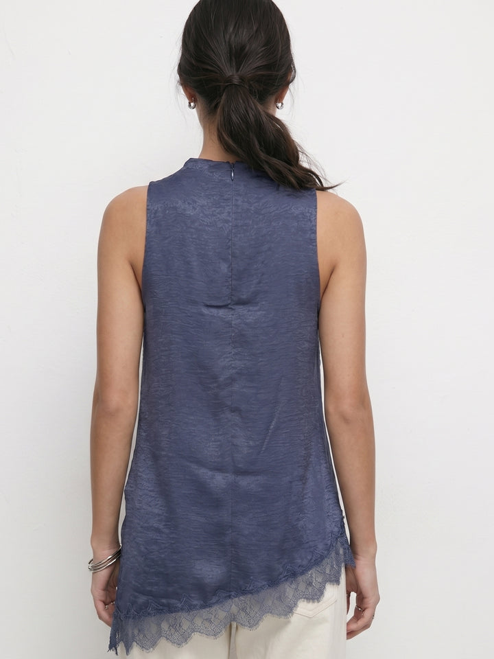 Navy Blue Mock Neck Lace Hem Top