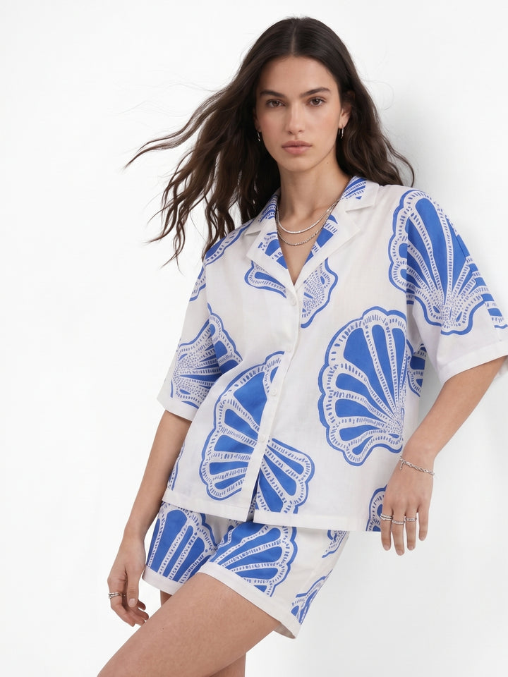 Blue Short Sleeve Printed Shirt And Short Set