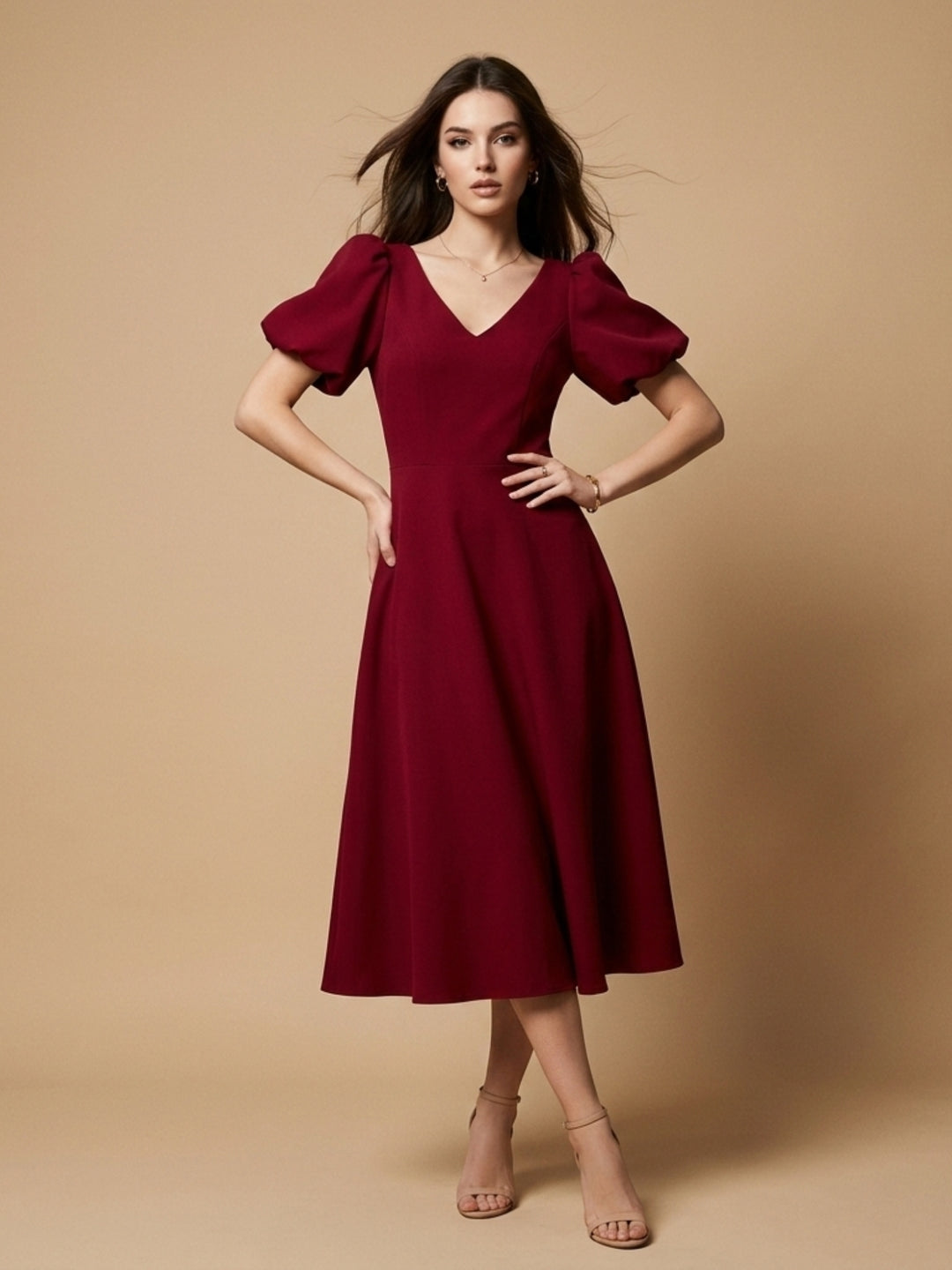 Red V Neck Flared Sleeve Dress