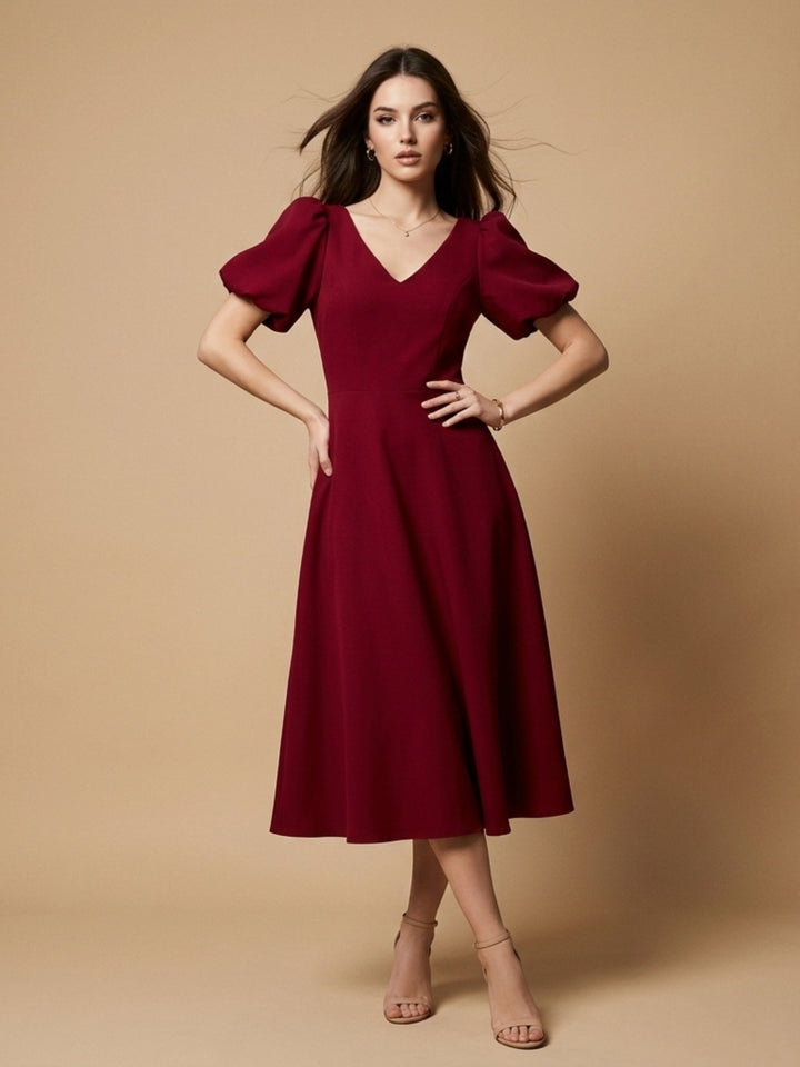 Red V Neck Flared Sleeve Dress