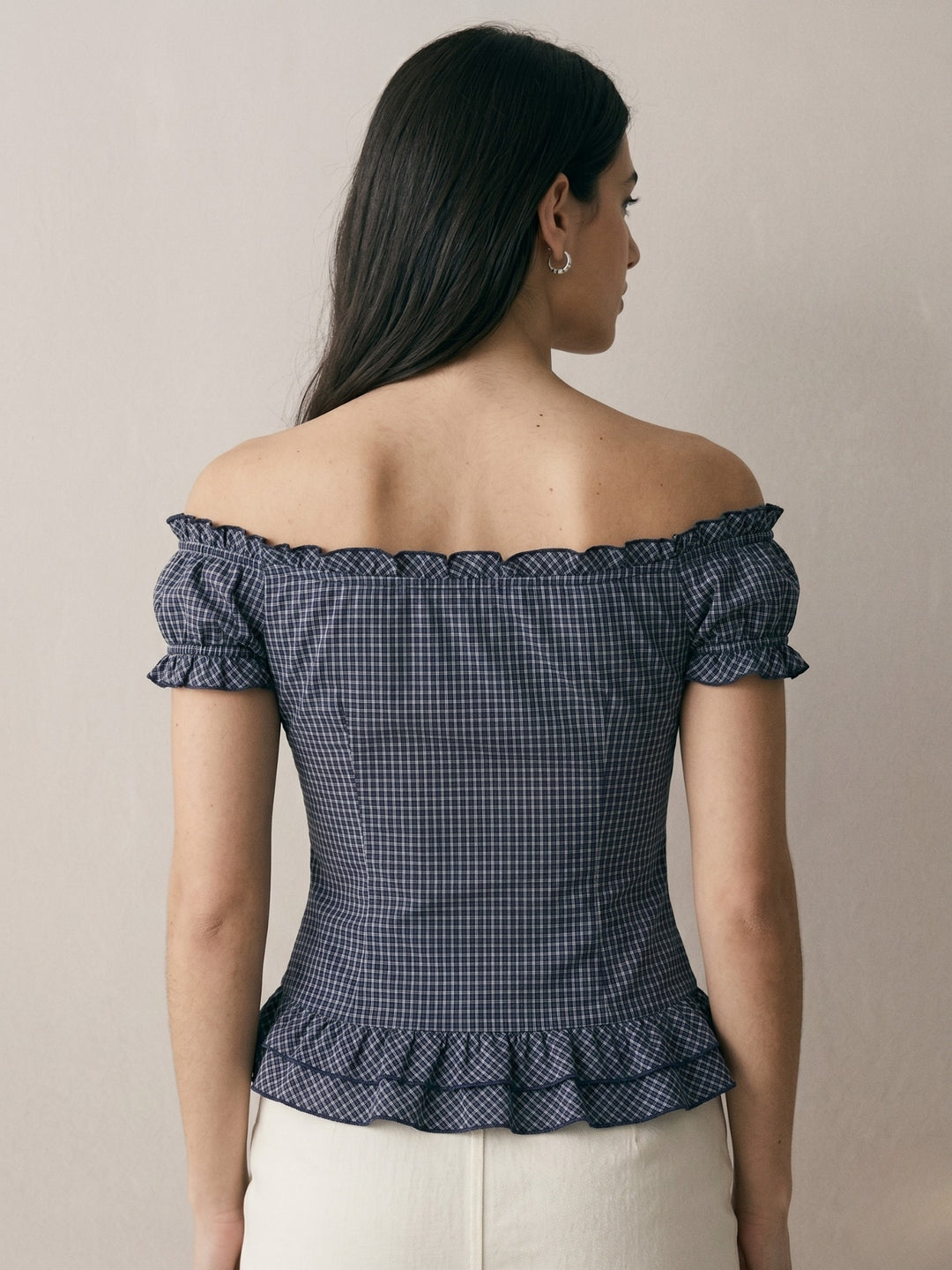 Blue Off Shoulder Fitted Blouse With Frill Details