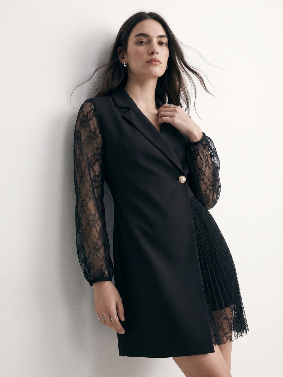 Black Collared Lapel Blazer Dress With Lace Insers