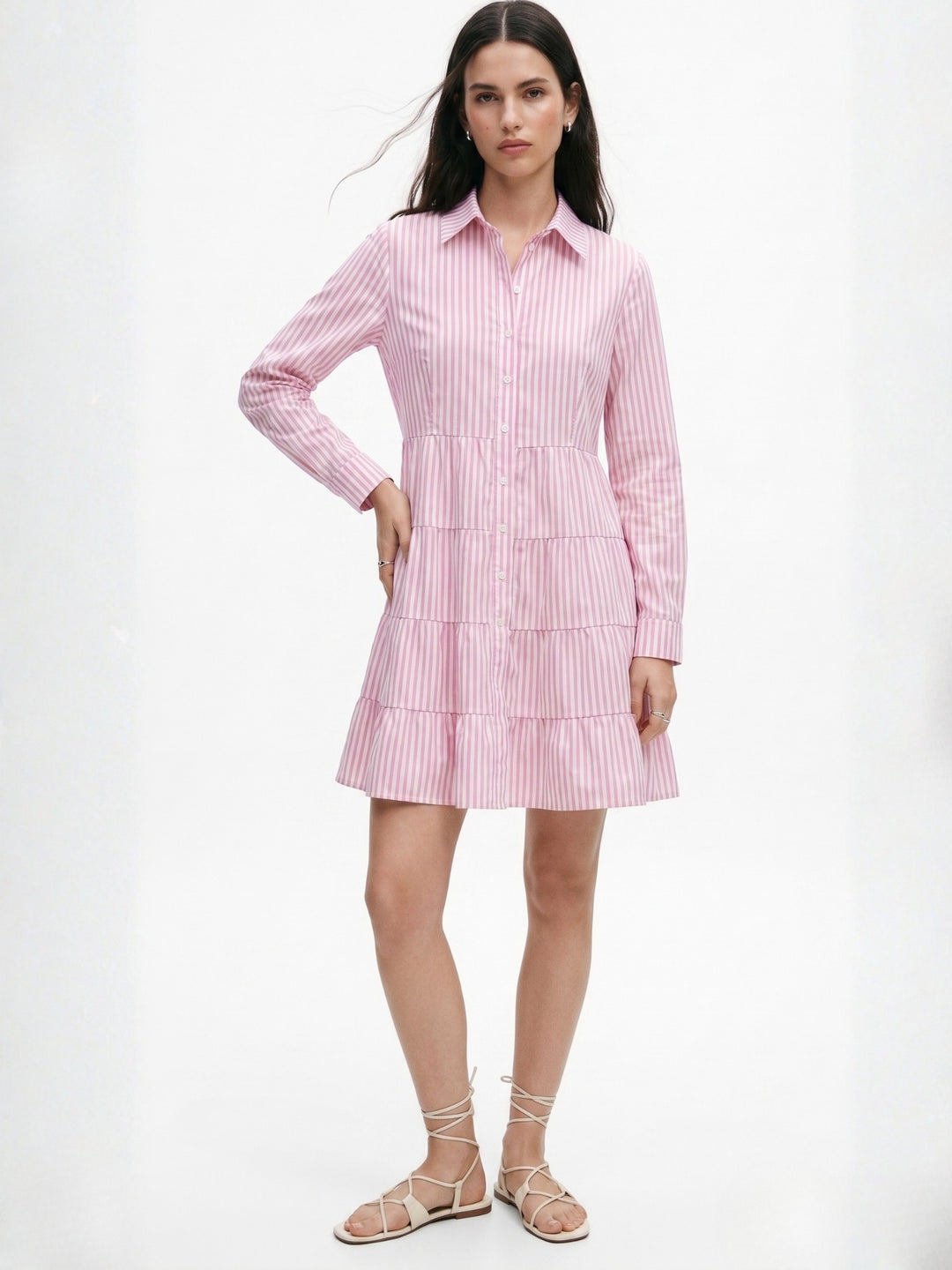 Pink Striped Tiered Shirt Dress