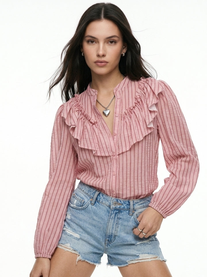 Pink Ruffle Detail Striped Shirt