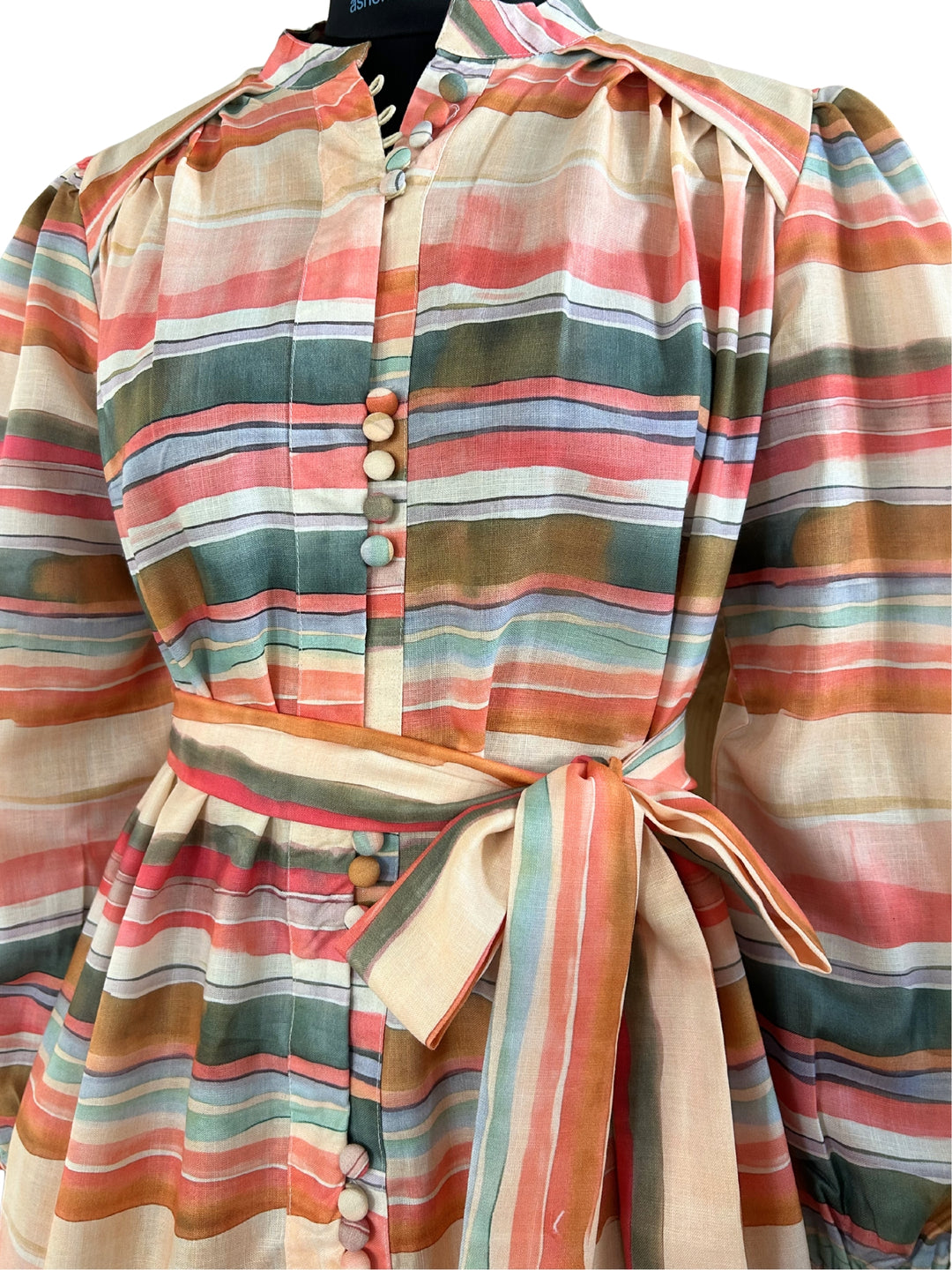 Pink Knee Length Printed Dress With Embellished Buttons Details