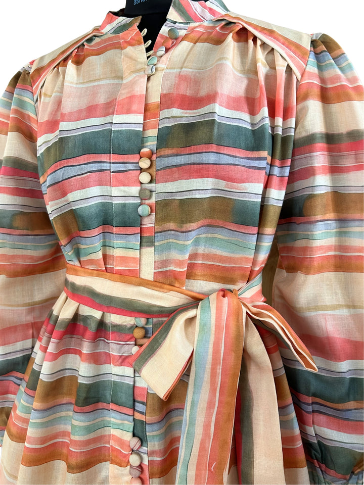 Pink Knee Length Printed Dress With Embellished Buttons Details