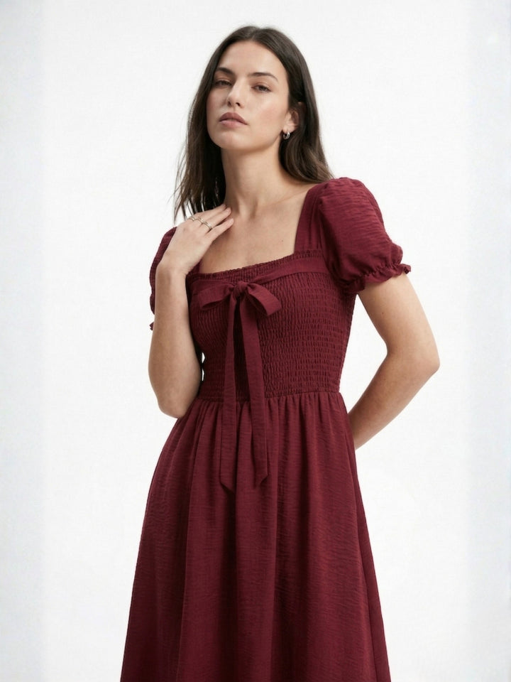 Burgundy Square Neck Dress With Cinched Waist