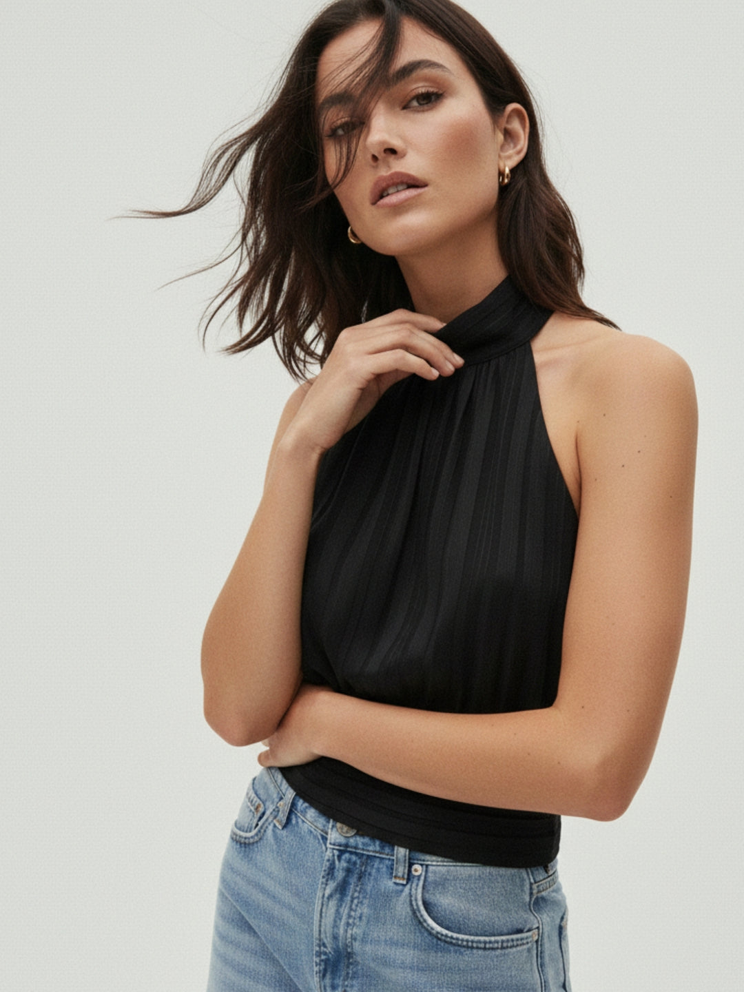 Black Halter Neck Waist Fitted Top