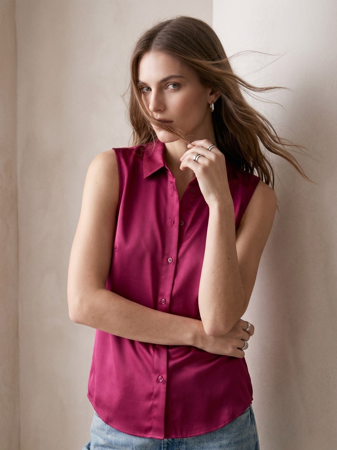 Wine Sleeveless Button Down Satin Shirt
