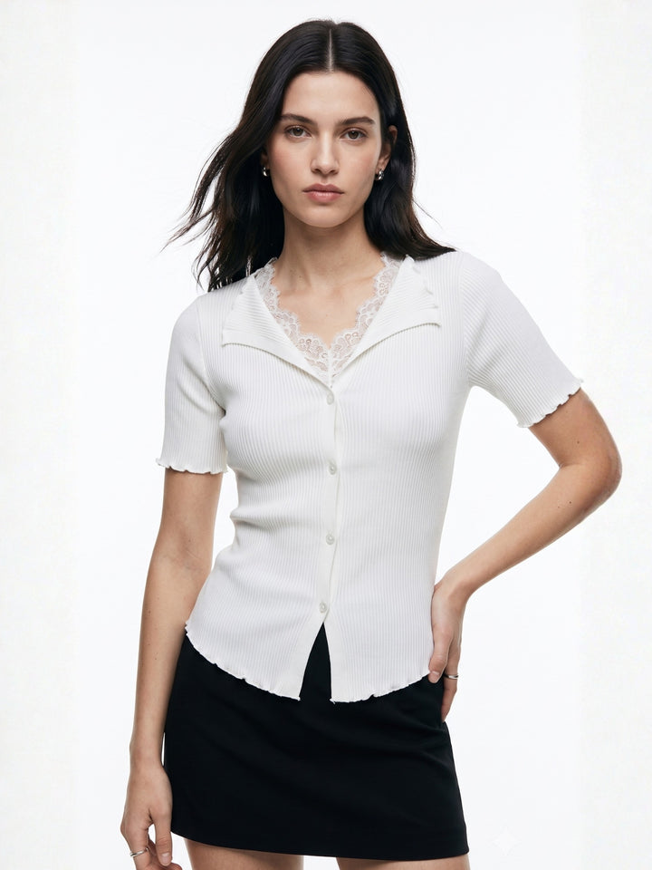 White Collared V Notch Top With Lace Inserts