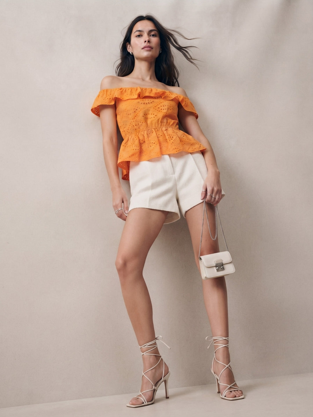 Orange Offshoulder Schiffli Blouse