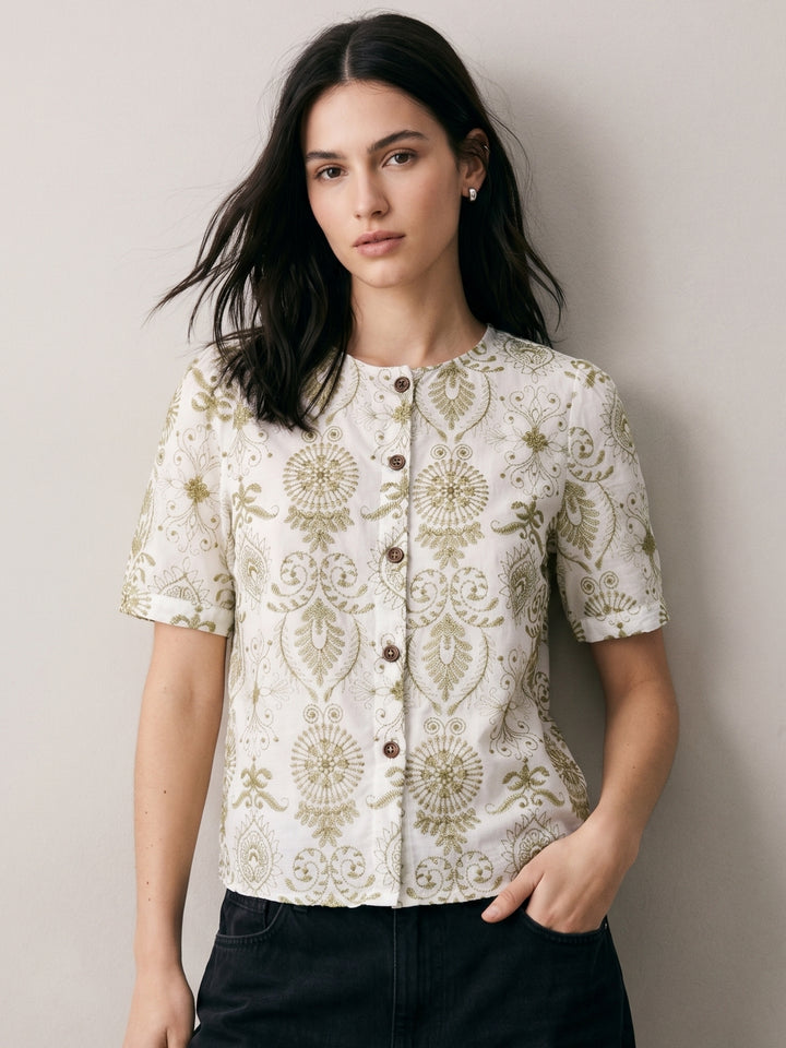 White Button Down Embroidered Blouse