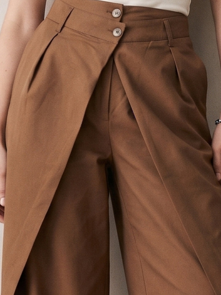 Brown Highwaist Buttoned Wide Leg Pleated Trouser