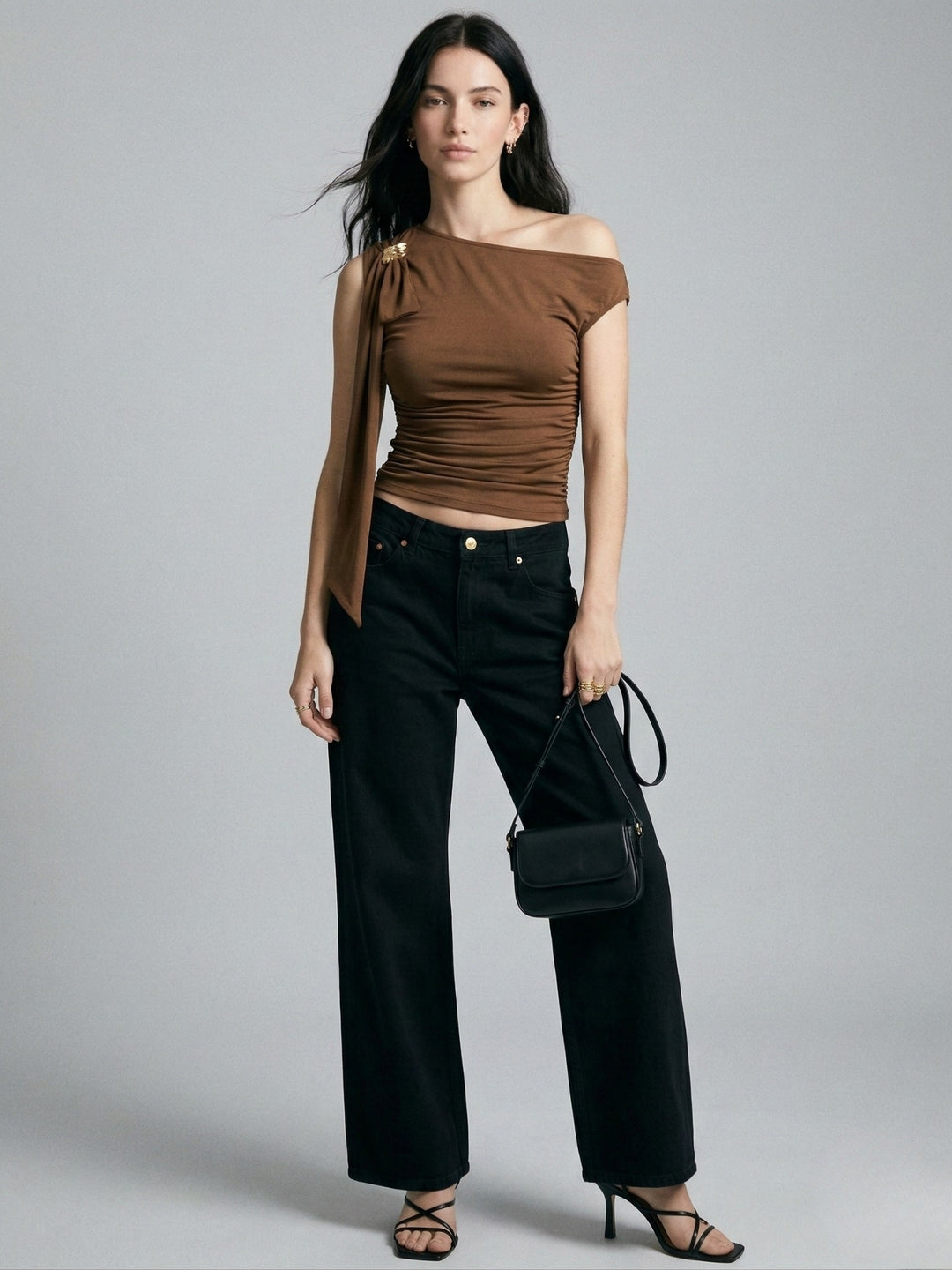 Brown One Shoulder Metal Trim Detail Top