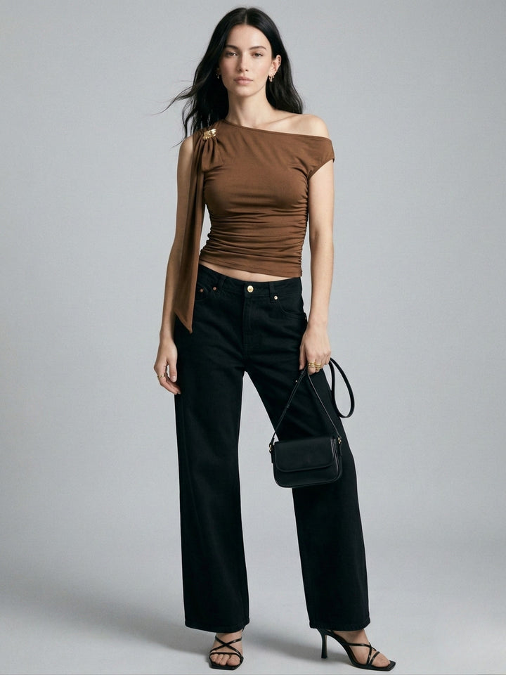 Brown One Shoulder Metal Trim Detail Top