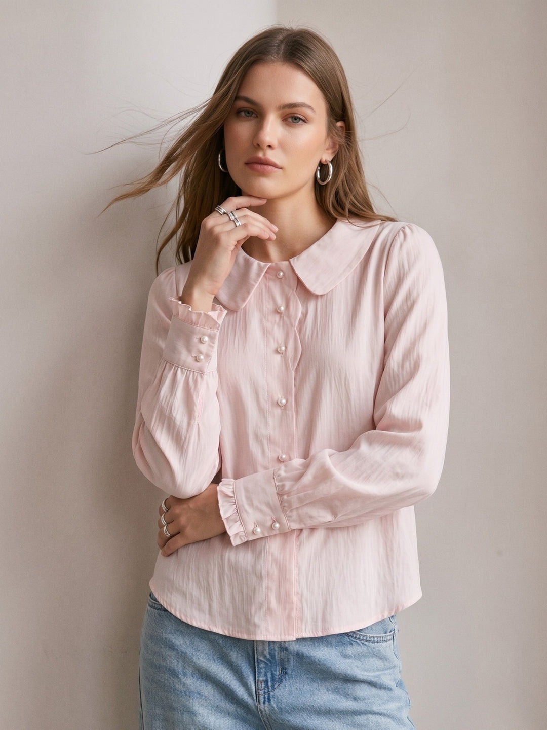 Pink Scallop Placket Peter Pan Shirt