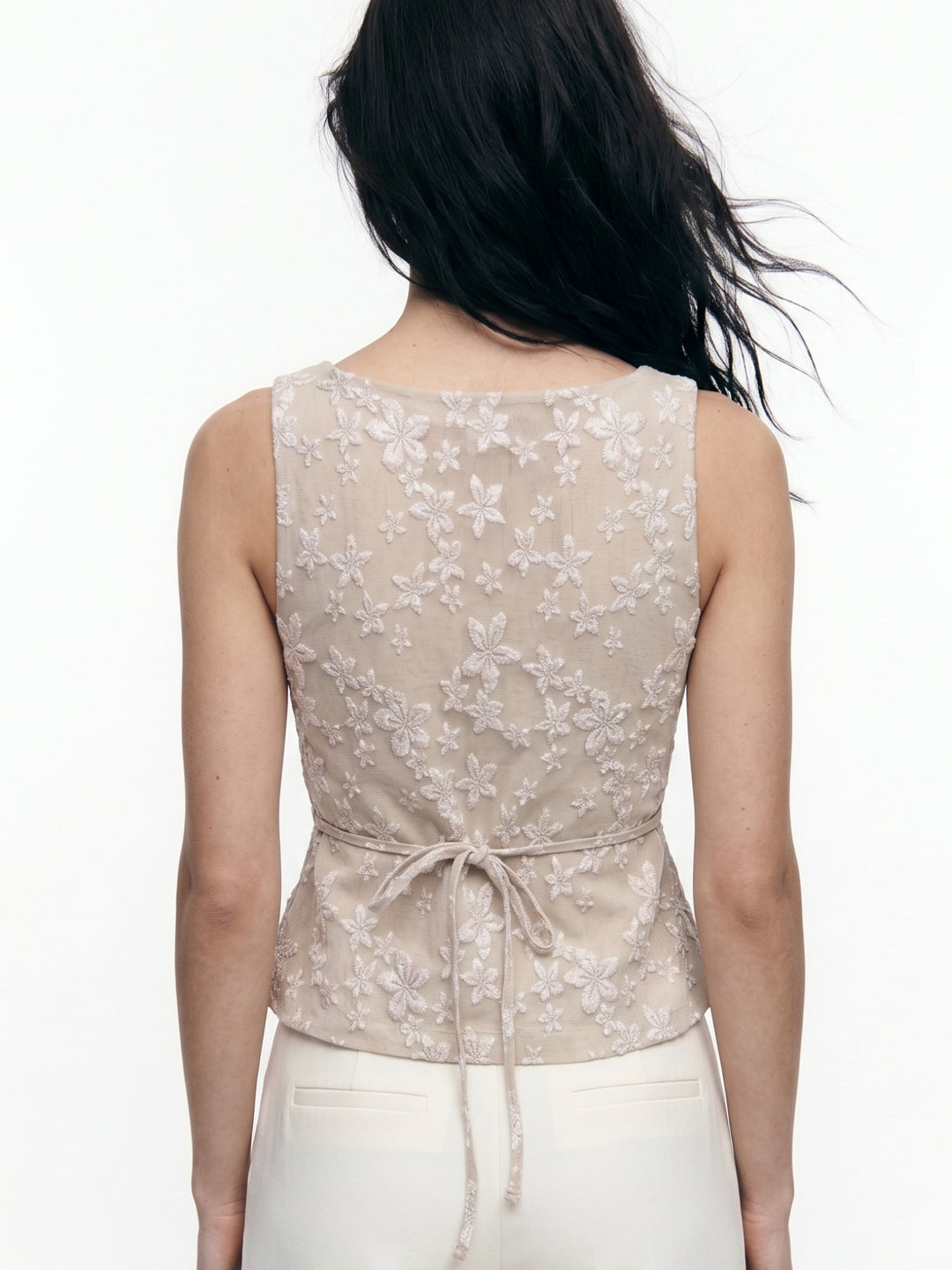 Beige Sleeveless Front Buttoned Textured Top