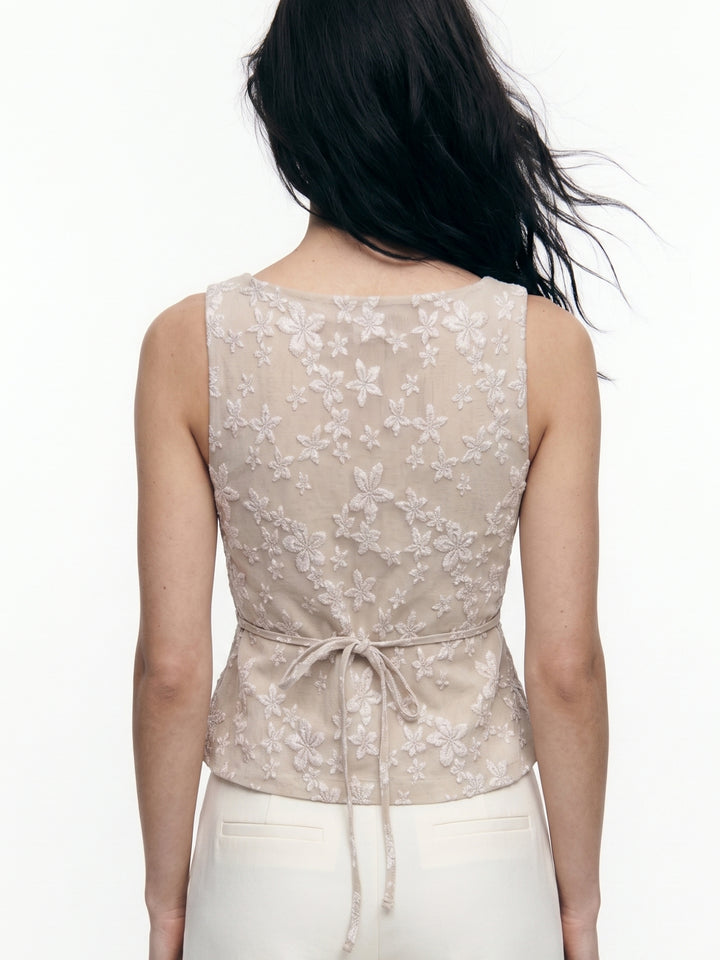 Beige Sleeveless Front Buttoned Textured Top