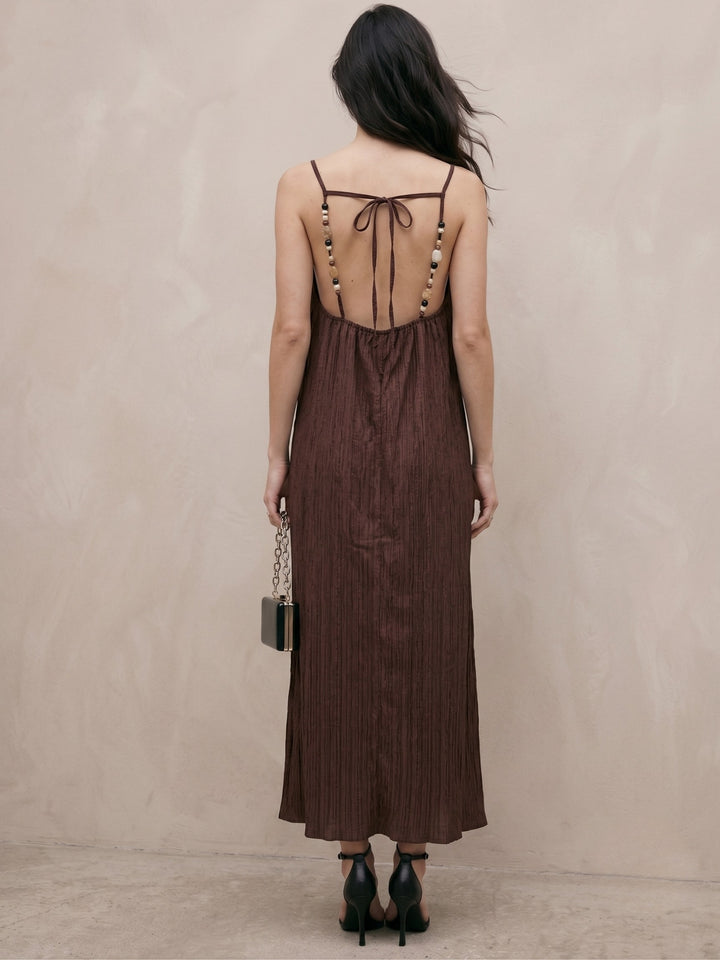 Brown Spaghetti Strap Bead Detail Dress